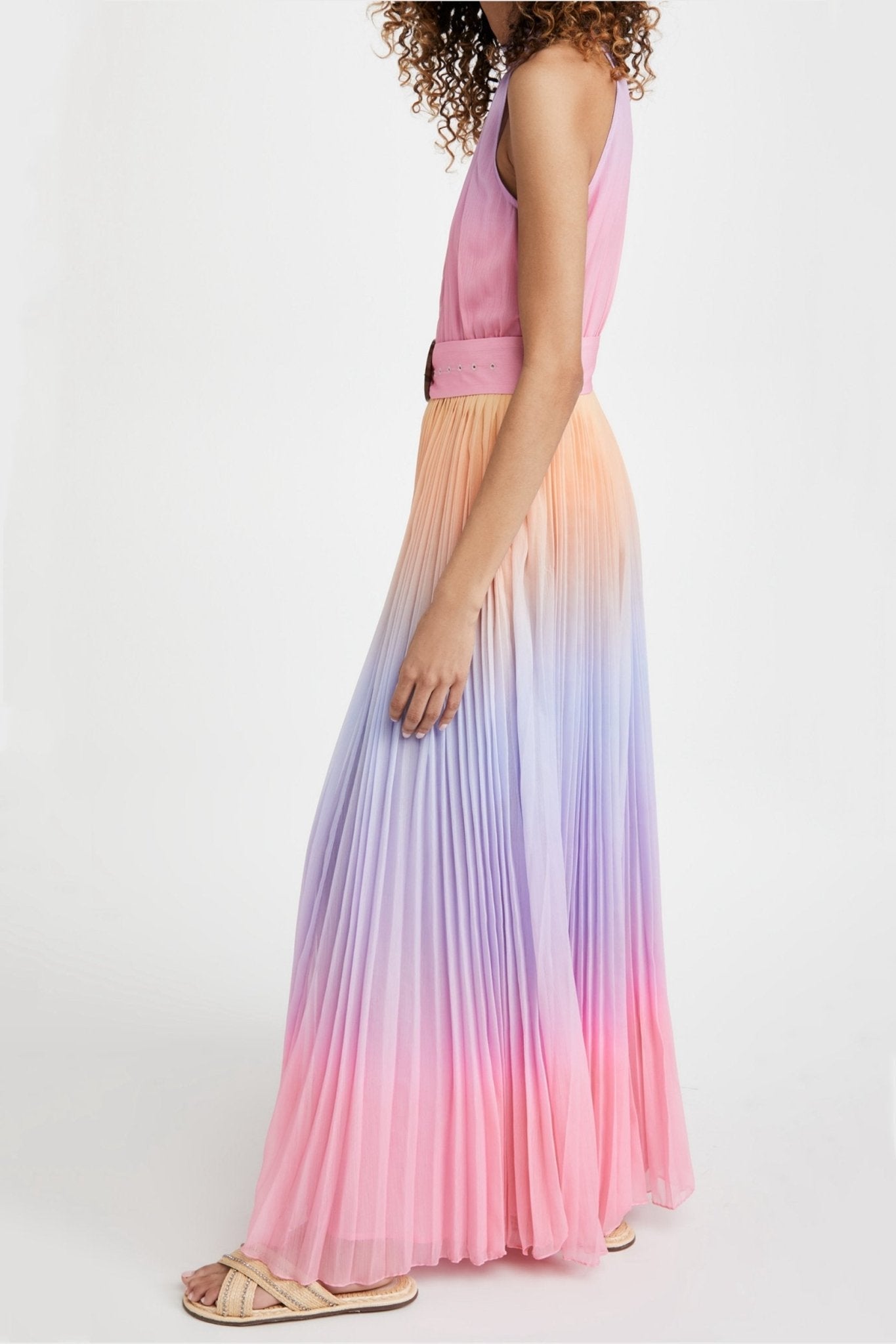 Clare Baskılı Plise Boyundan Bağlı Uzun Elbise