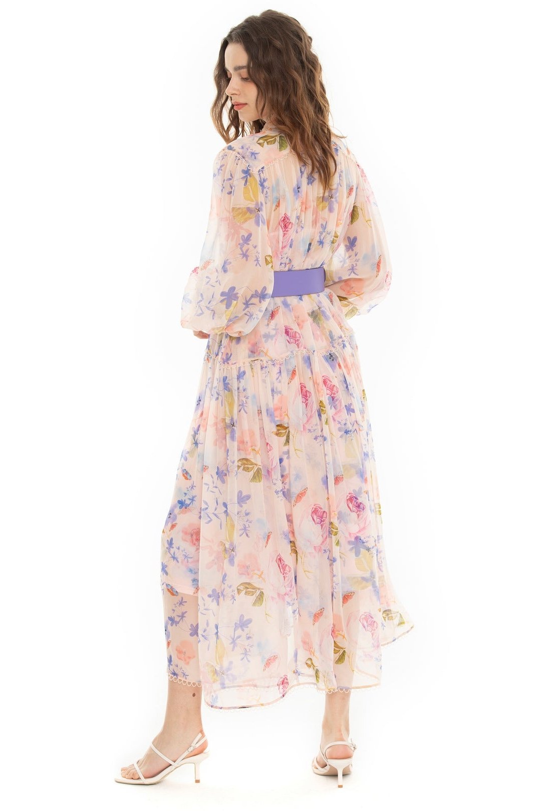 Cora Baskılı Kuşaklı Şifon Midi Elbise