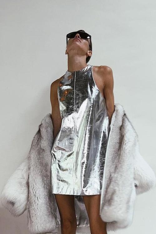 Mercan Metalik Mini Shift Elbise