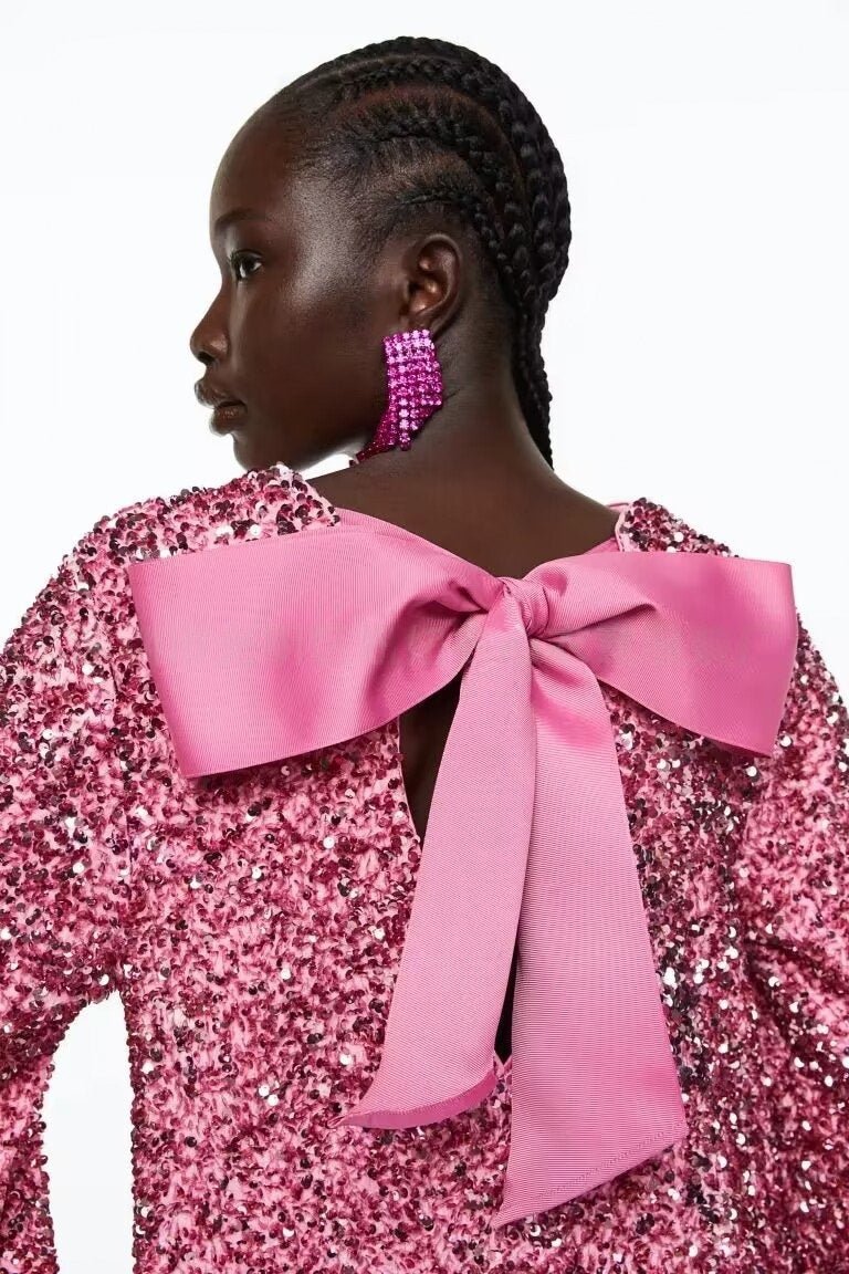 Mercan Payetli Arkadan Bağlamalı Mini Elbise