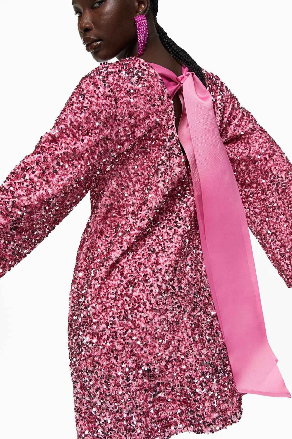 Mercan Payetli Arkadan Bağlamalı Mini Elbise