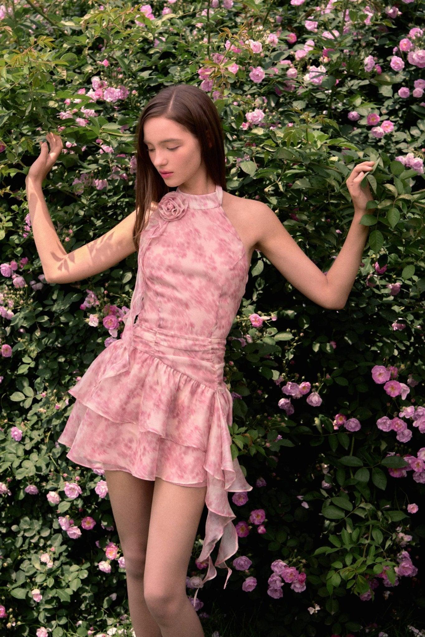 Rosa Gül Detaylı & Fırfırlı Pembe Desenli Mini Elbise