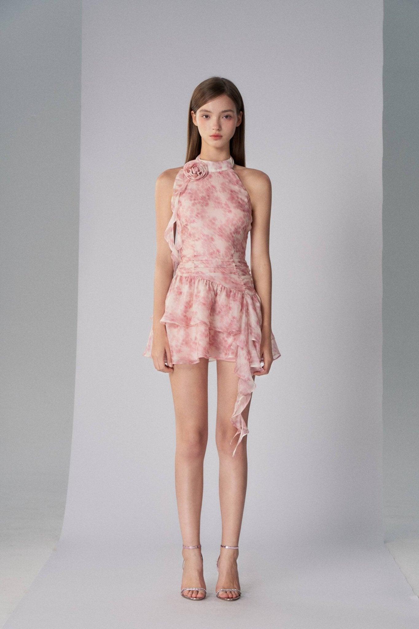 Rosa Gül Detaylı & Fırfırlı Pembe Desenli Mini Elbise