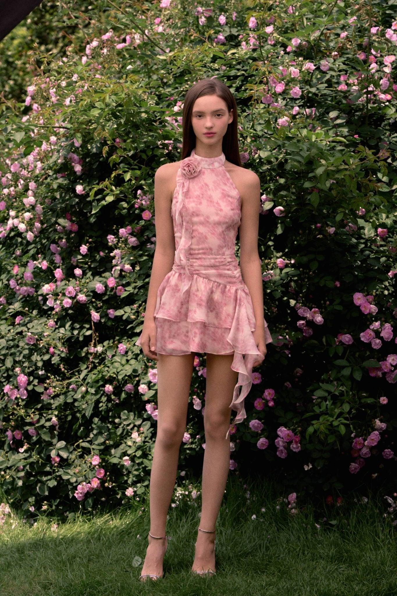 Rosa Gül Detaylı & Fırfırlı Pembe Desenli Mini Elbise