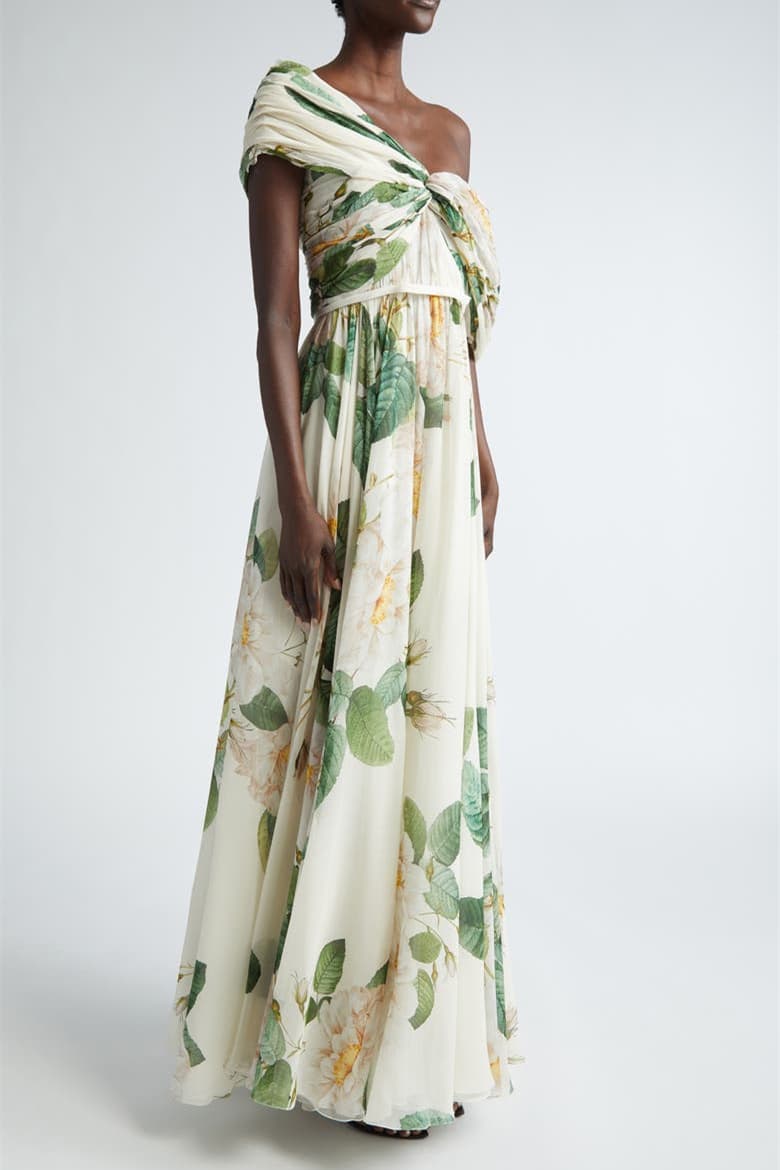 Yvette Çiçek Baskılı Düşük Omuzlu Uzun Elbise