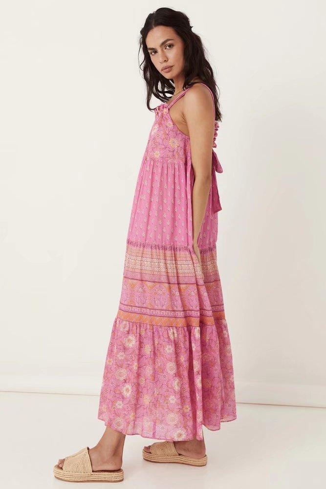 Damla Baskılı Büzgülü Boyundan Bağlamalı Slip Maxi Elbise