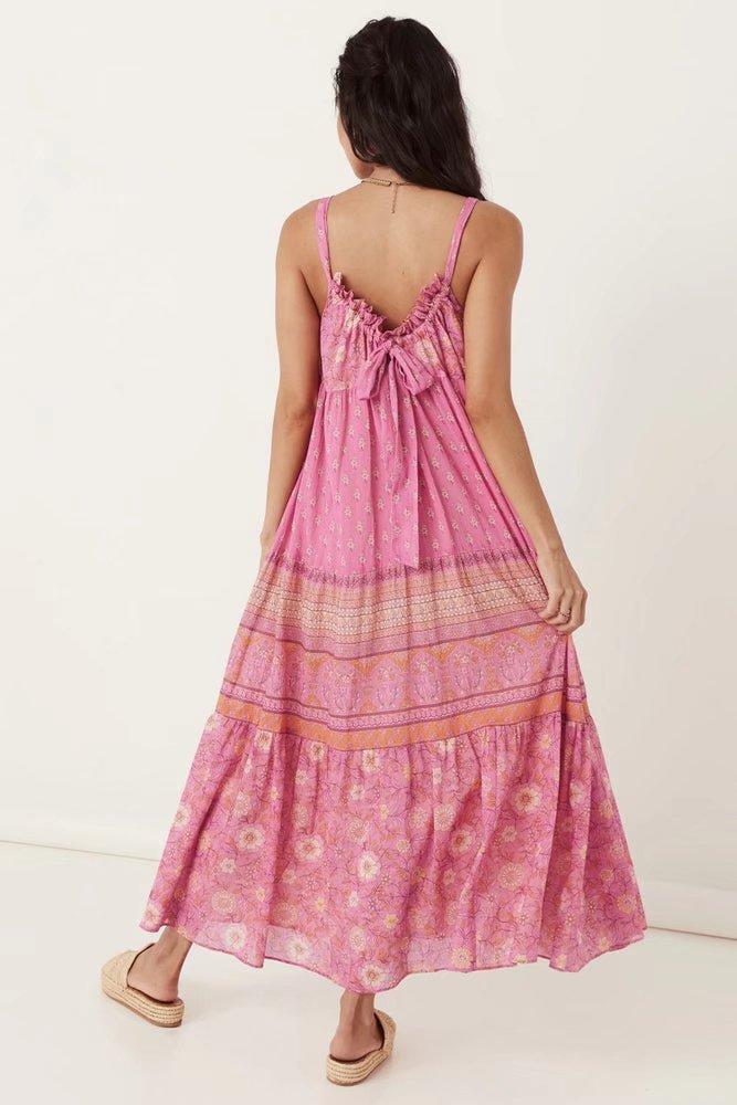 Damla Baskılı Büzgülü Boyundan Bağlamalı Slip Maxi Elbise