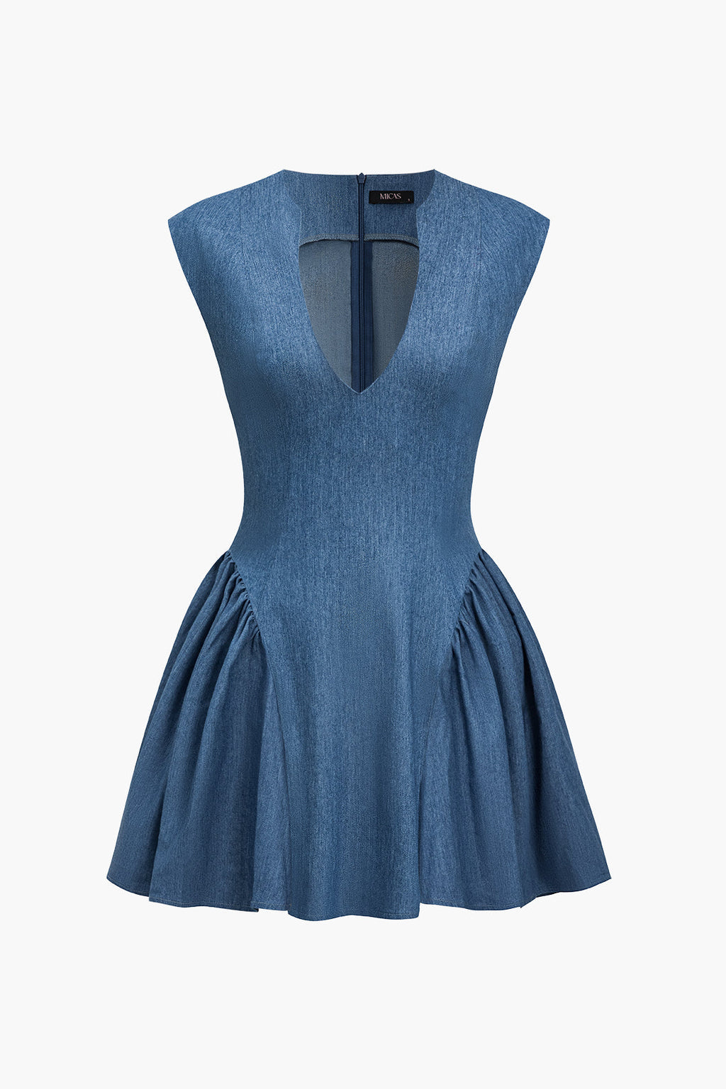 Düz Dantelli V Yaka Denim Elbise
