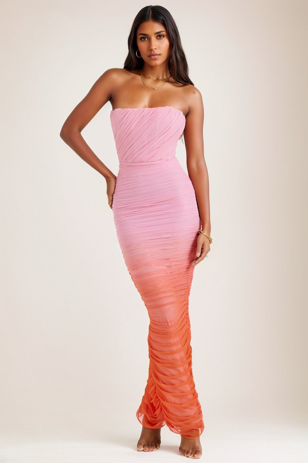 Debby Baskılı Büzgülü File Korse Uzun Elbise