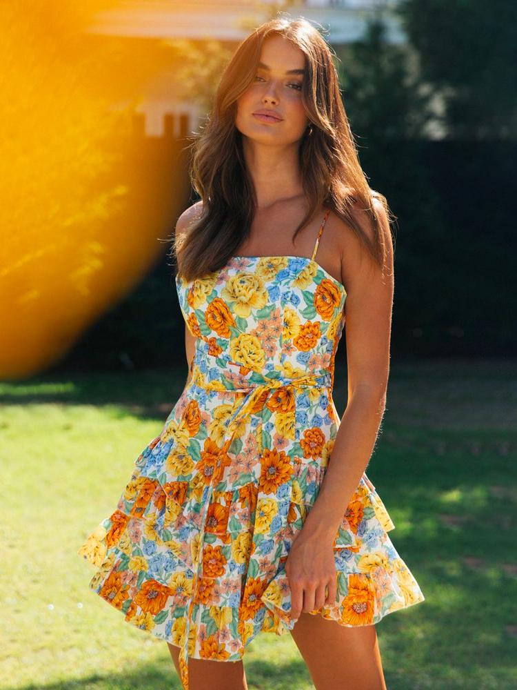 Debby Baskılı Katlı Mini Kuşaklı Slip Elbise