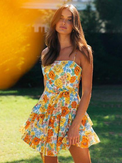 Debby Baskılı Katlı Mini Kuşaklı Slip Elbise