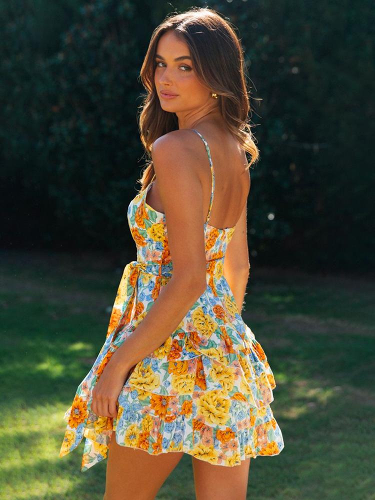 Debby Baskılı Katlı Mini Kuşaklı Slip Elbise