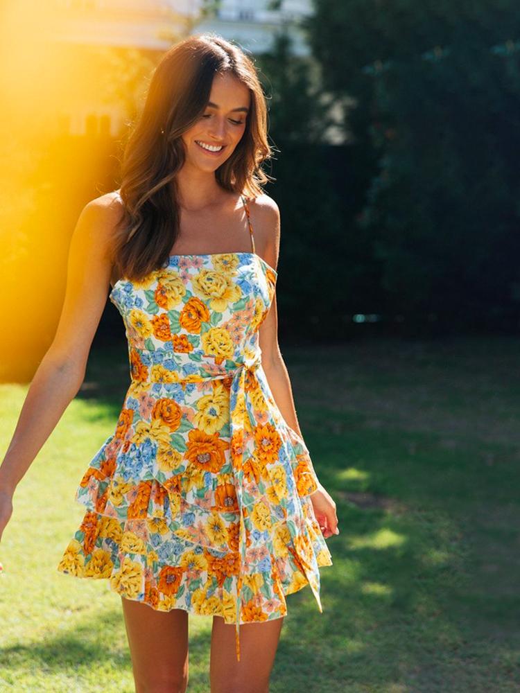 Debby Baskılı Katlı Mini Kuşaklı Slip Elbise