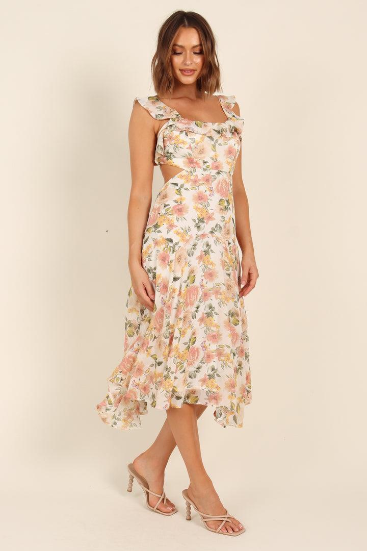 Deirdre Baskılı Düğümlü Fırfırlı Flare Midi Elbise