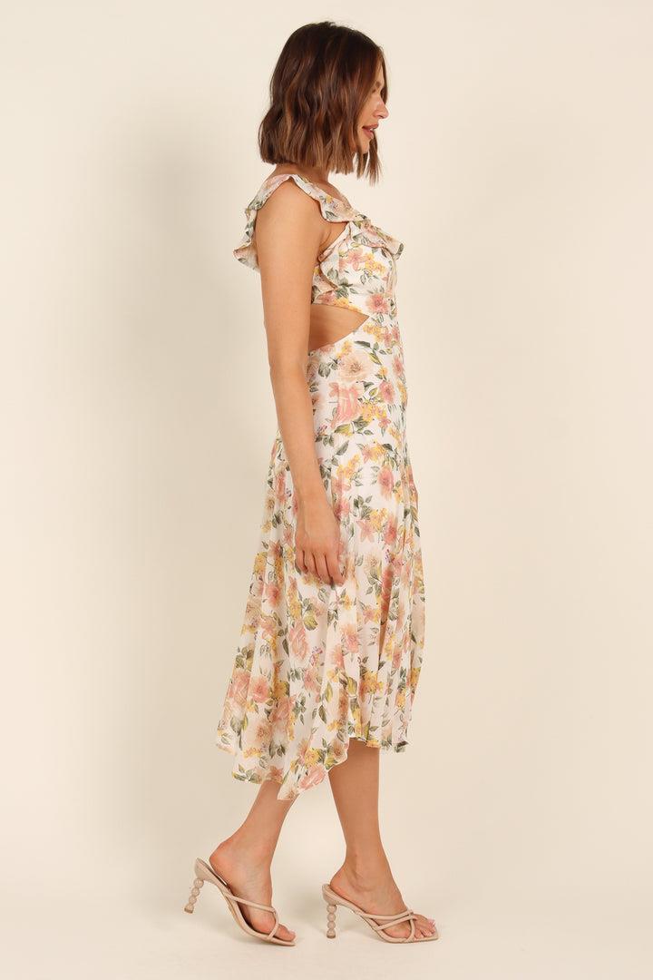 Deirdre Baskılı Düğümlü Fırfırlı Flare Midi Elbise