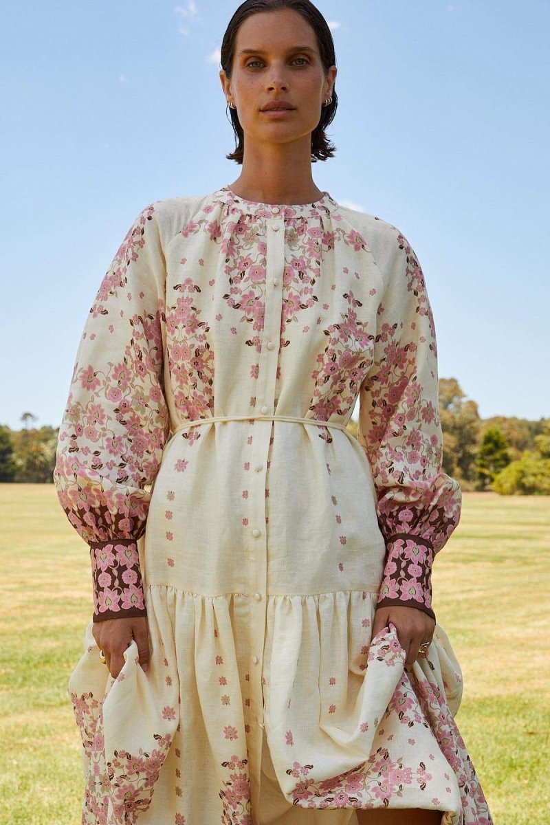 Delia Çiçek Baskılı Uzun Kollu Maxi Elbise