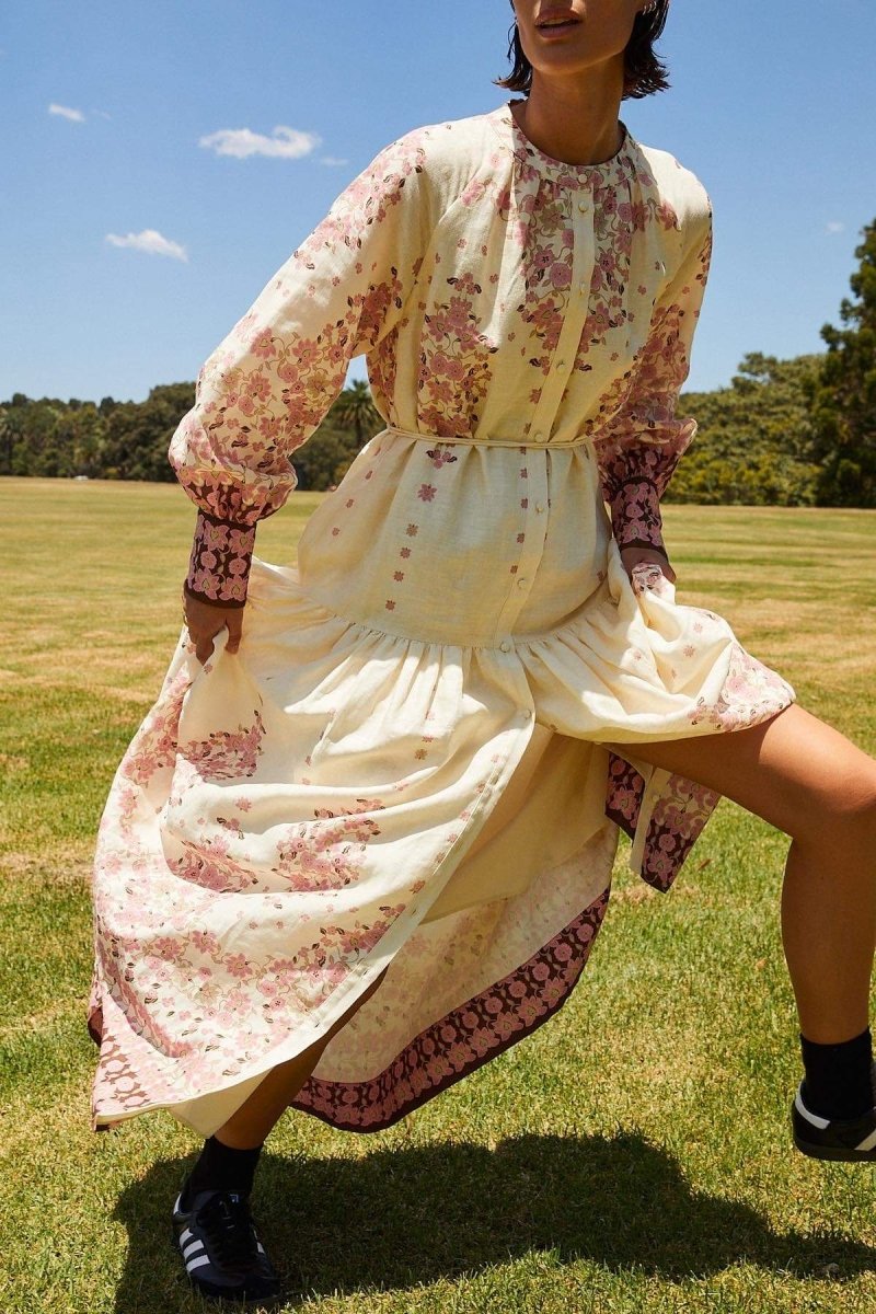 Delia Çiçek Baskılı Uzun Kollu Maxi Elbise