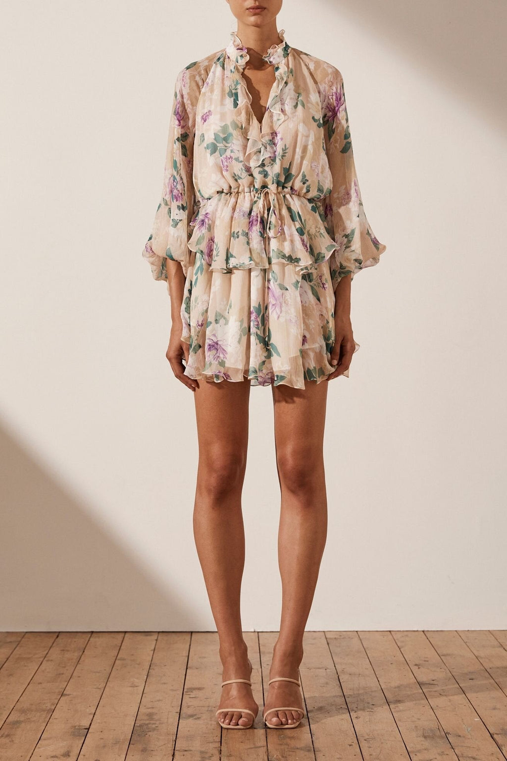 Dolores Baskılı V Yaka Şifon Mini Köylü Elbise