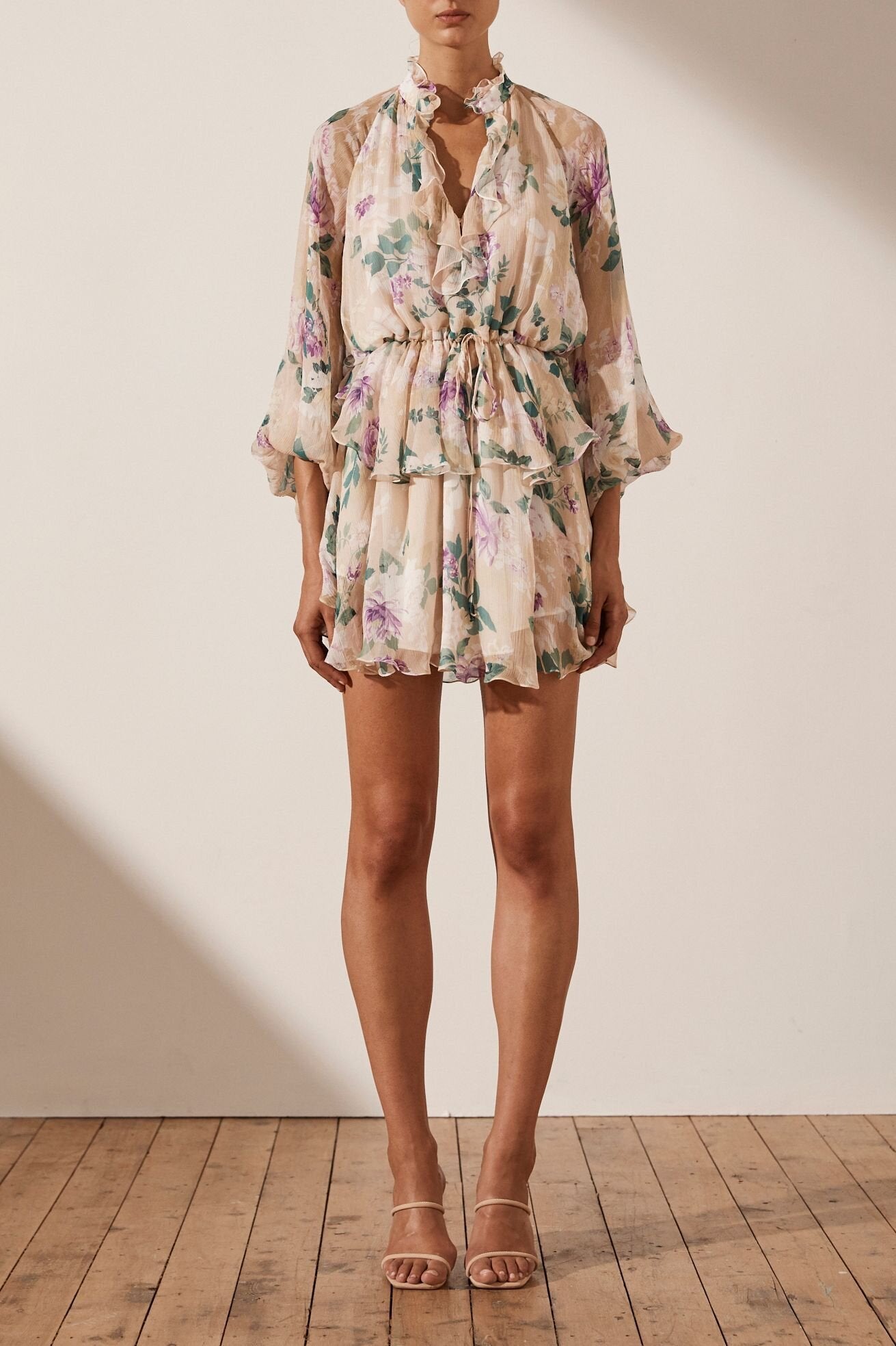 Dolores Baskılı V Yaka Şifon Mini Köylü Elbise