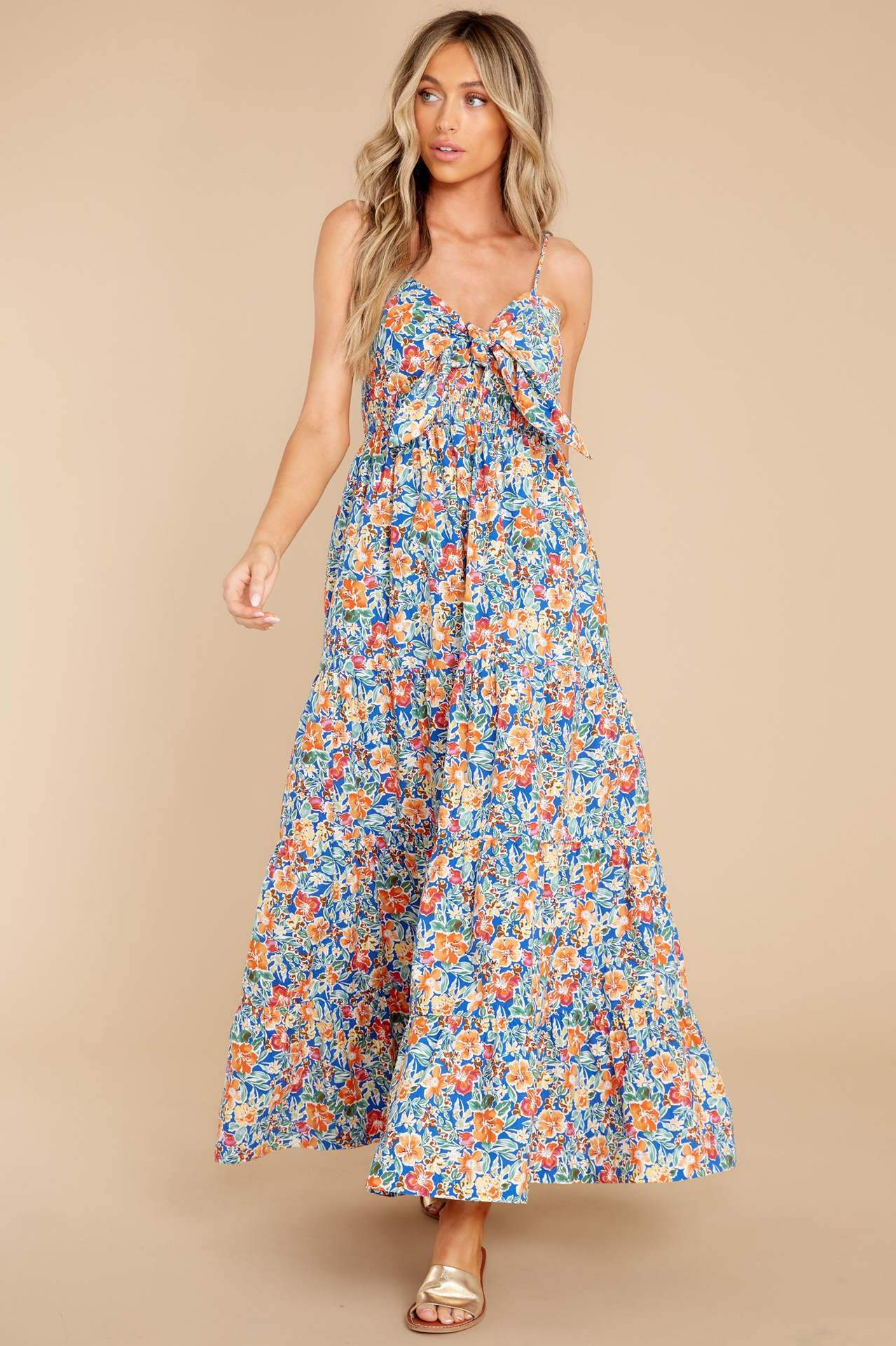 Doris Baskılı Düğümlü Büzgülü Uzun Elbise