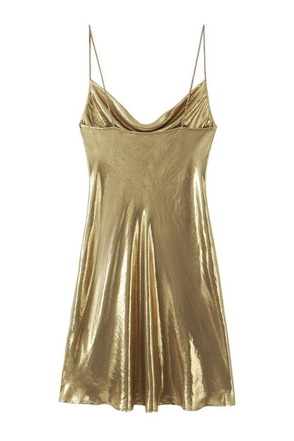 Dreda Metalik Dekolteli Mini Slip Elbise