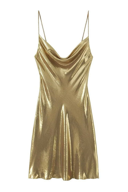Dreda Metalik Dekolteli Mini Slip Elbise