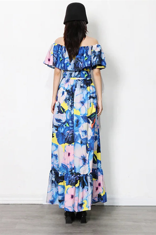 Vivien Çiçek Baskılı Düşük Omuzlu Uzun Elbise