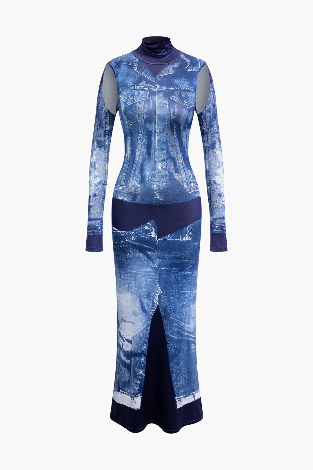 Denim Desenli Balıkçı Yaka Uzun Kollu maksi Elbise
