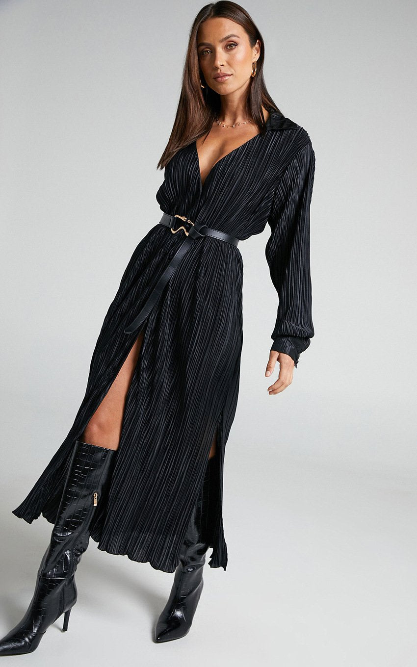 Eartha V Yaka Plisse Midi Gömlek Elbise