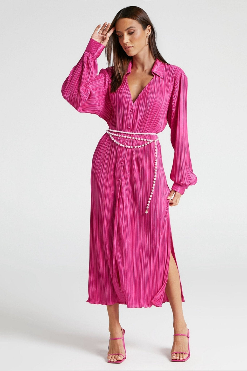 Eartha V Yaka Plisse Midi Gömlek Elbise