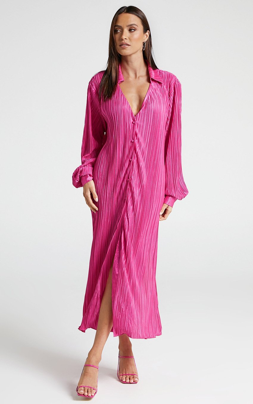Eartha V Yaka Plisse Midi Gömlek Elbise