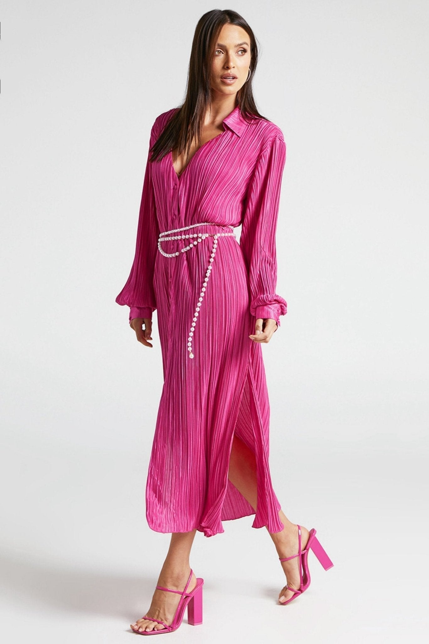 Eartha V Yaka Plisse Midi Gömlek Elbise