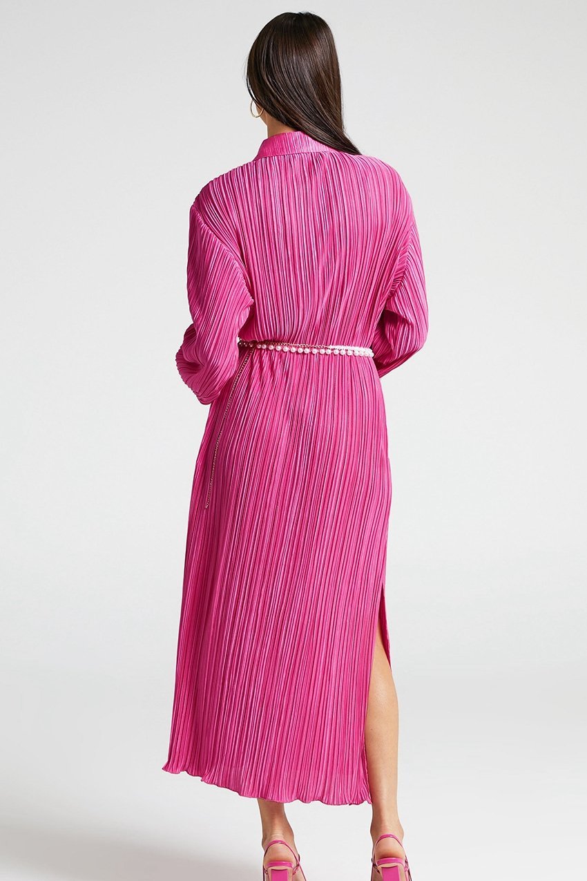 Eartha V Yaka Plisse Midi Gömlek Elbise
