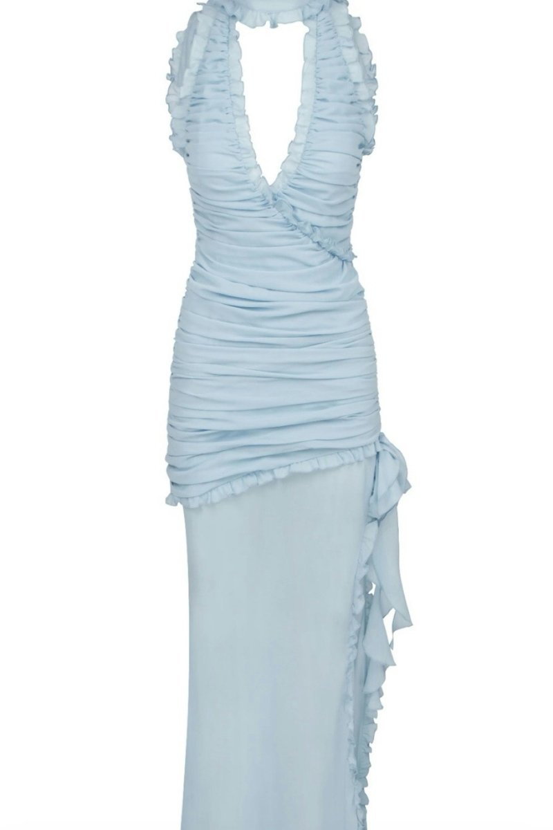 Eartha V Yaka Fırfırlı Maxi Elbise