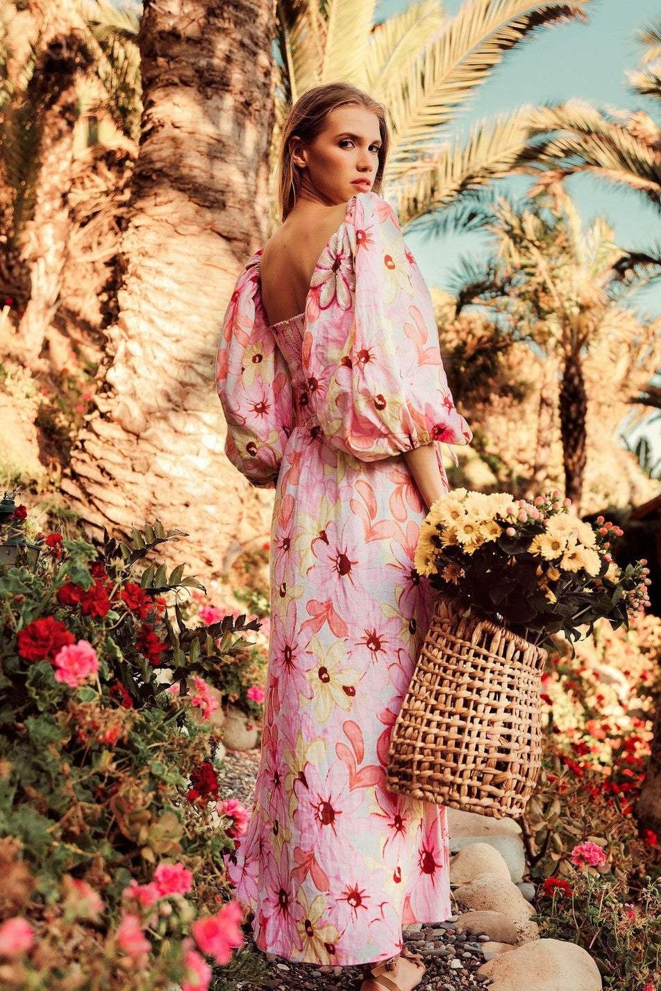 Edana Baskılı Kalp Yaka Midi Elbise