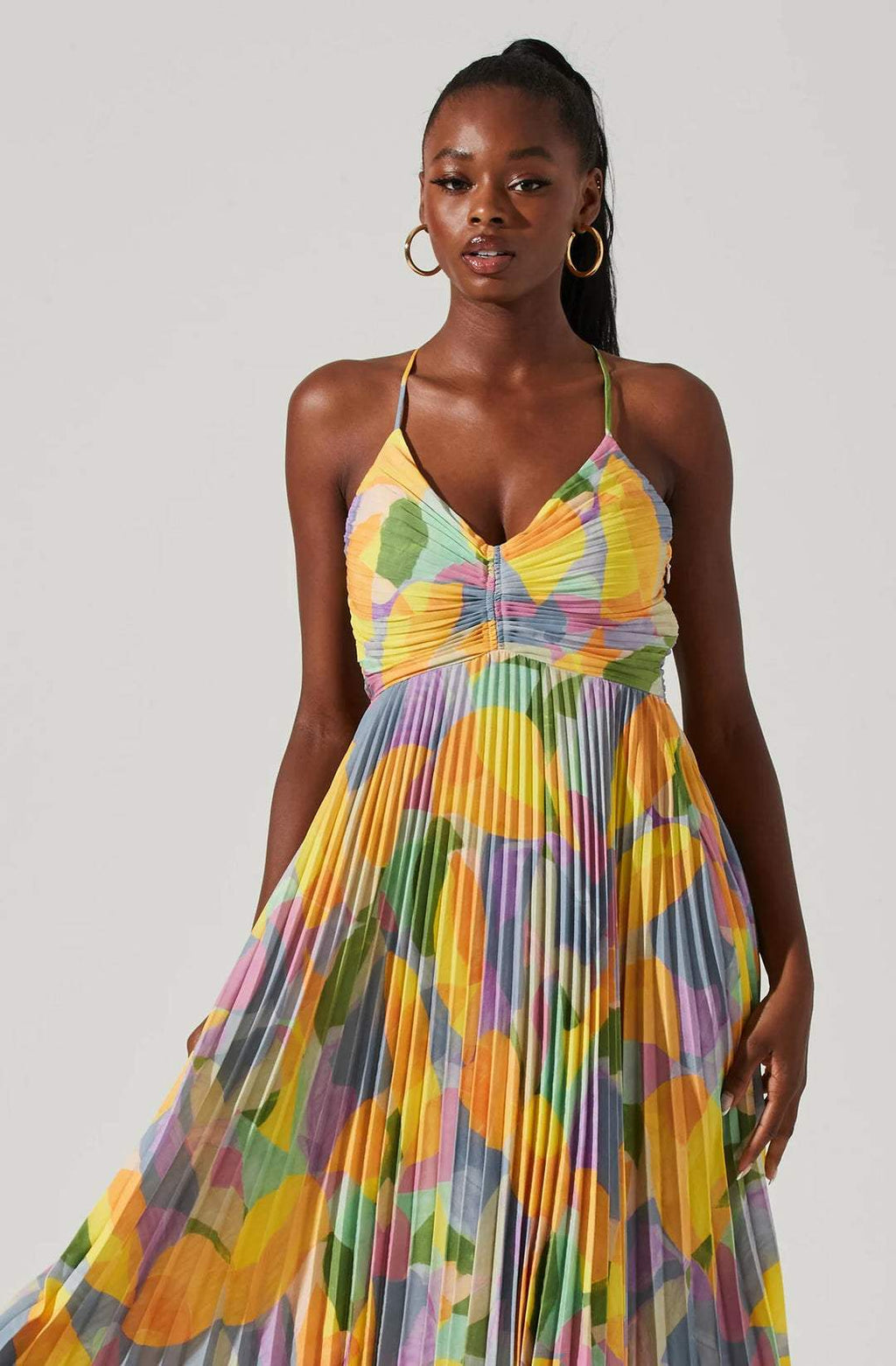 Eden Baskılı Plise Düğümlü Midi Elbise