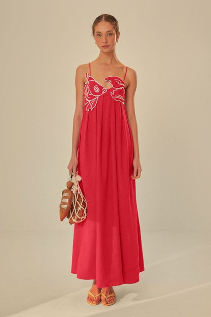 Eileen Japon Balığı İşlemeli Maxi Slip Elbise