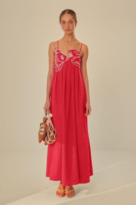 Eileen Japon Balığı İşlemeli Maxi Slip Elbise