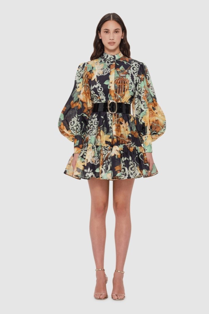 Eileen Baskılı Kuşaklı Flare Mini Elbise