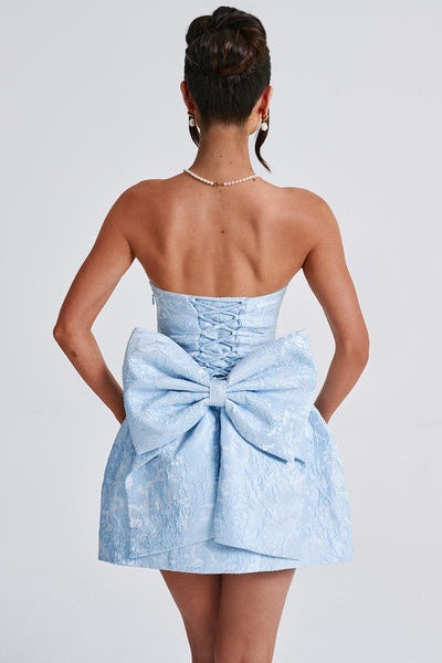 Julie Çiçekli Jakarlı Bağcıklı Mini Elbise