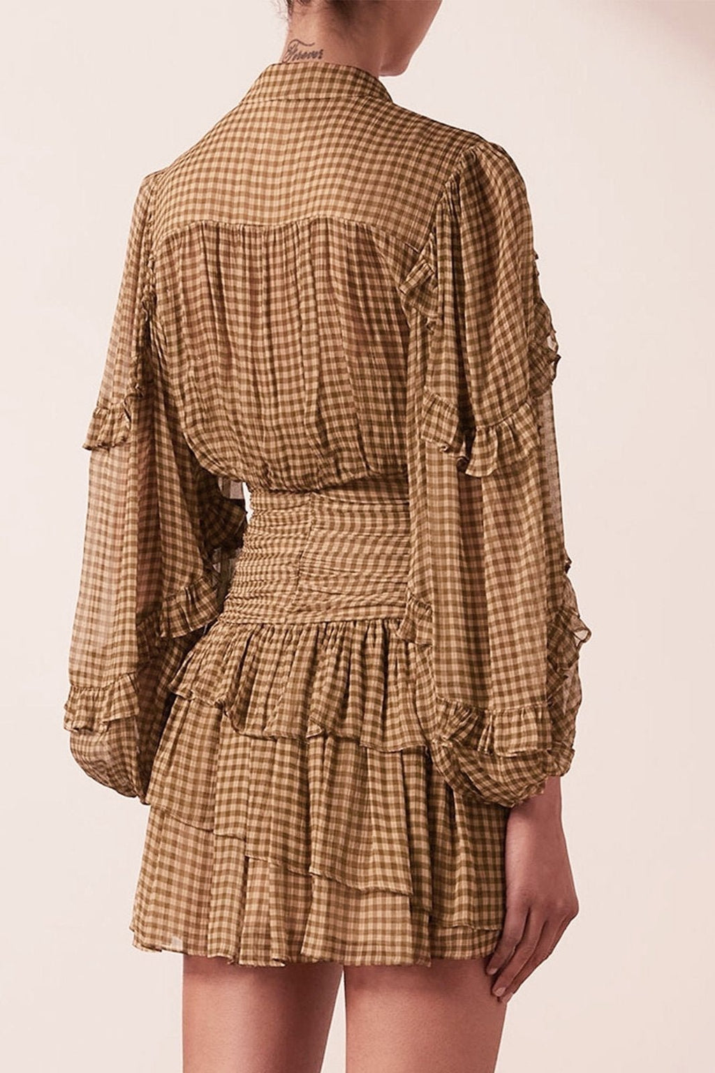 Eliza Ekose Baskılı Fırfırlı Büzgülü Şifon Mini Elbise