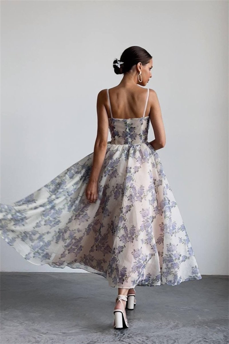 Ella Çiçek Baskılı Şifon Midi Elbise