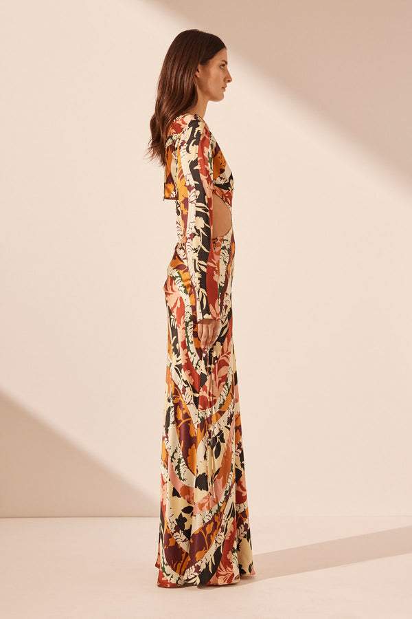 Ella Baskılı Dekolteli Uzun Elbise