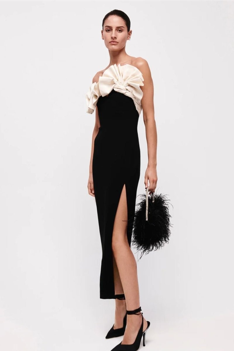 Elsa Straplez Büzgülü Midi Ayrık Elbise