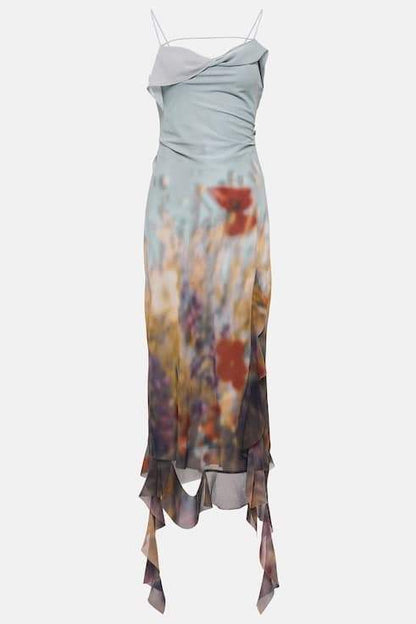 Elvira Çiçek Baskılı Fırfırlı Midi Slip Elbise