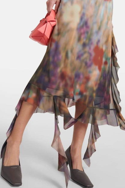 Elvira Çiçek Baskılı Fırfırlı Midi Slip Elbise