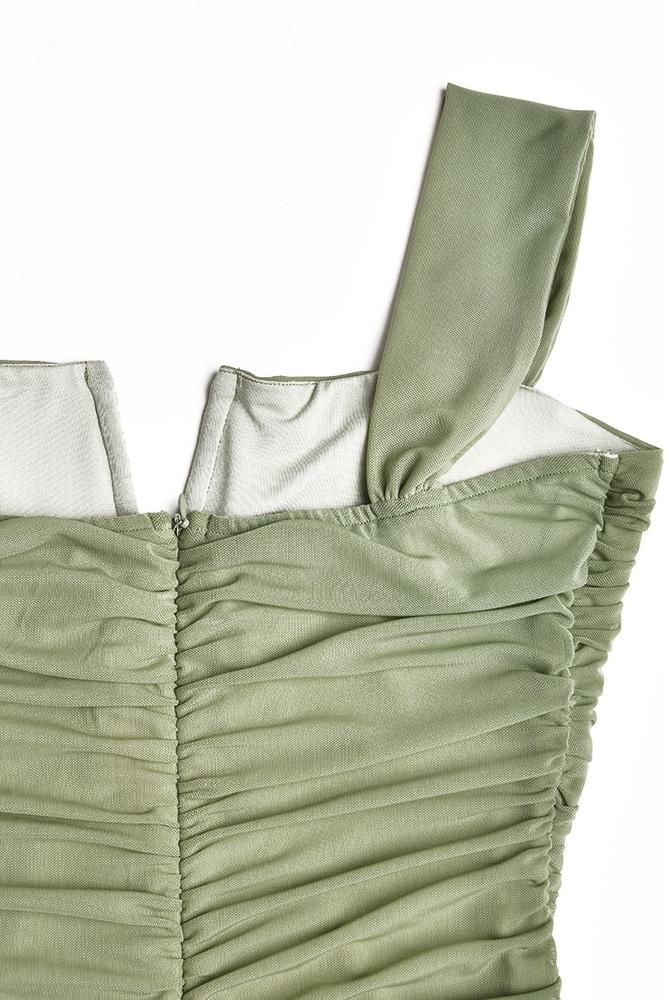 Ethel Büzgülü Geniş Fileli Midi Elbise