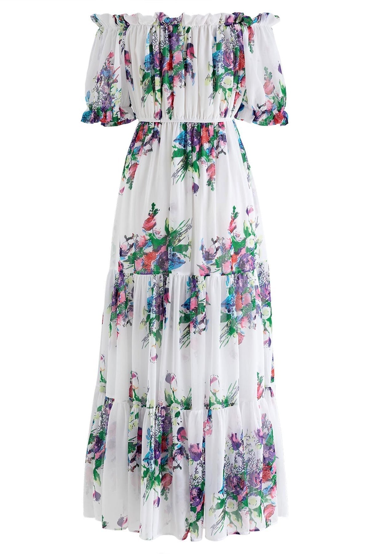 Evadane Baskılı Omuzu Açık Piliseli Maxi Elbise