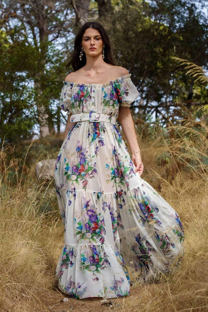 Evadane Baskılı Omuzu Açık Piliseli Maxi Elbise