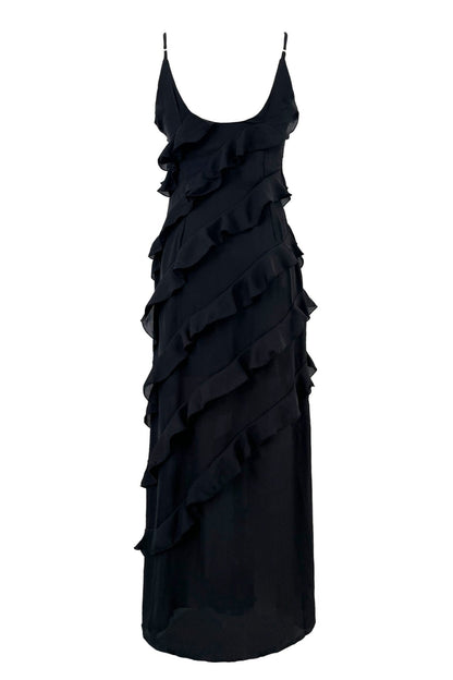 Eve Şifon Fırfırlı Maxi Slip Elbise